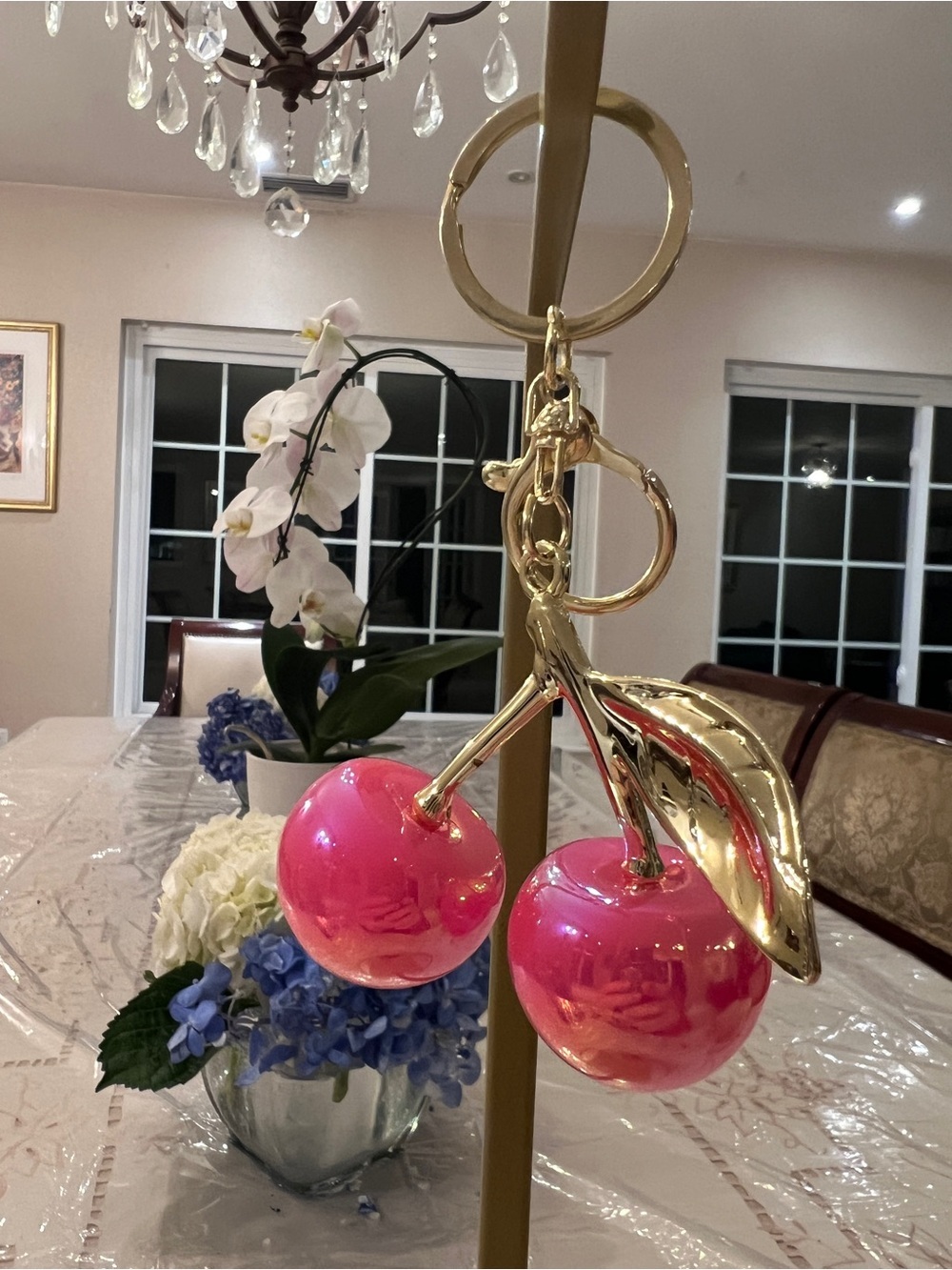 Iridescent Cherry Bag Charm Keychain | Pink Ombre Purse Charm Gold Tone - Picture 1 of 3